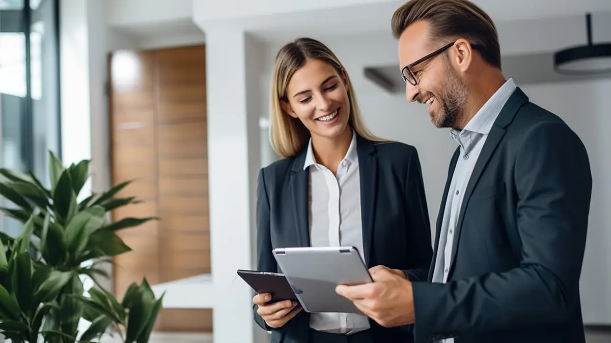 Two business people discussing insurance plans